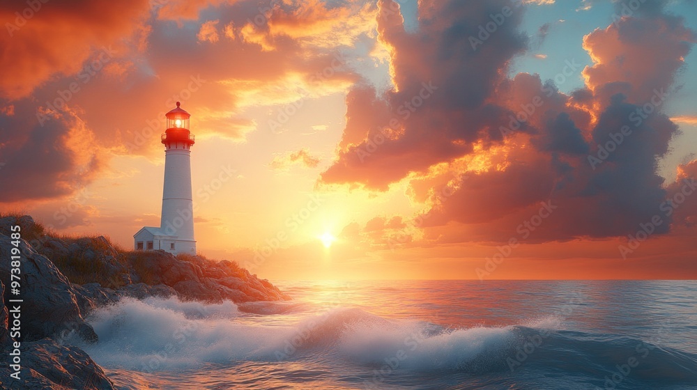 Fototapeta premium A serene lighthouse at sunset, guiding ships through waves.