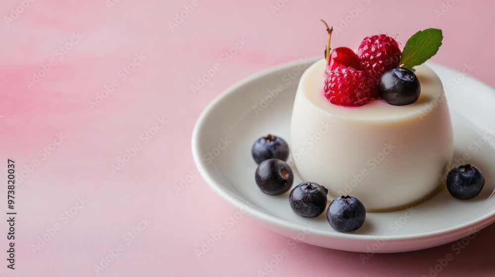 A white panna cotta dessert with fresh berries on a pink background. A white panna cotta dessert with fresh berries on a pink background.