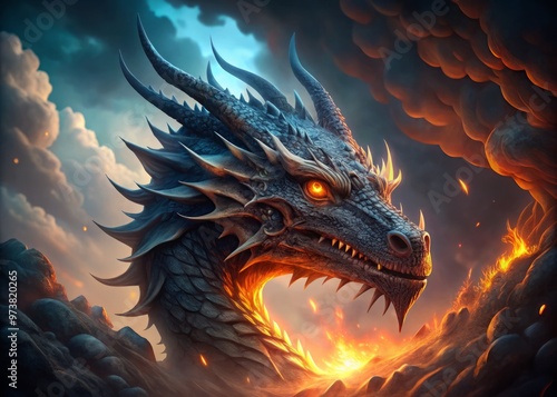 A majestic dragon's fierce profile emerges from swirling mist, scales glistening, eyes blazing with ancient wisdom, photo