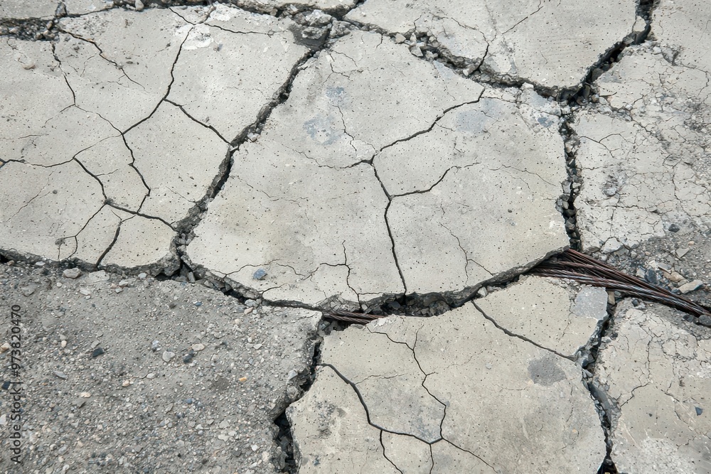 Fototapeta premium Close-up of shattered concrete revealing deep cracks and exposed rebar, symbolizing strength and vulnerability