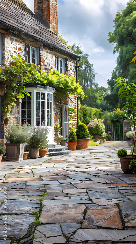 Obraz premium Hard landscaping, new luxury stone patio and garden of an English home