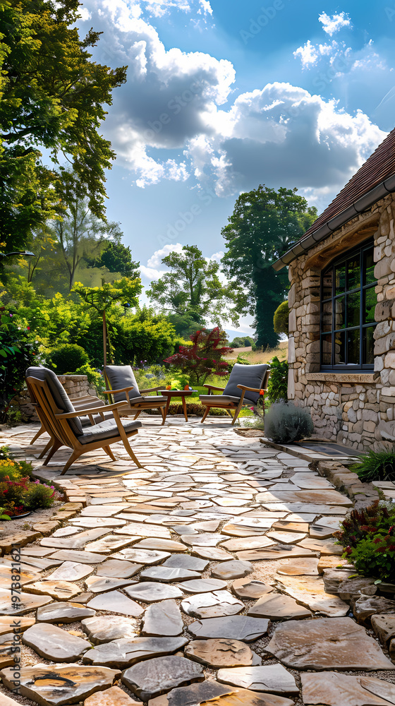 Hard landscaping, new luxury stone patio and garden of an English home Hard landscaping, new luxury stone patio and garden of an English home