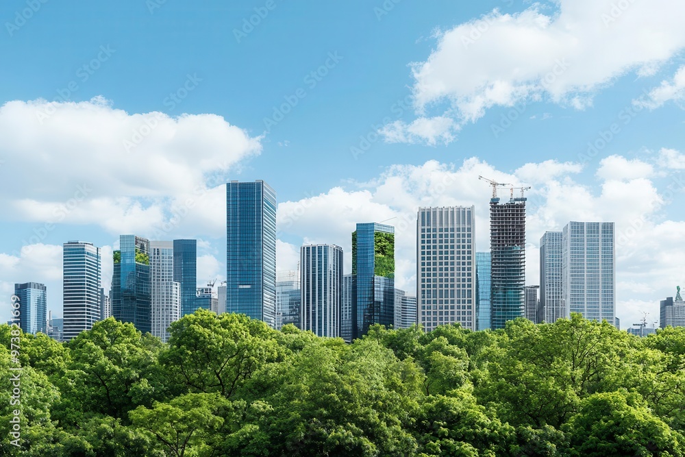 Modern city skyline with eco-conscious developments, showcasing sustainable growth in the construction industry Modern city skyline with eco-conscious developments, showcasing sustainable growth in the construction industry