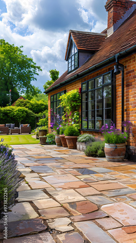 Hard landscaping, new luxury stone patio and garden of an English home