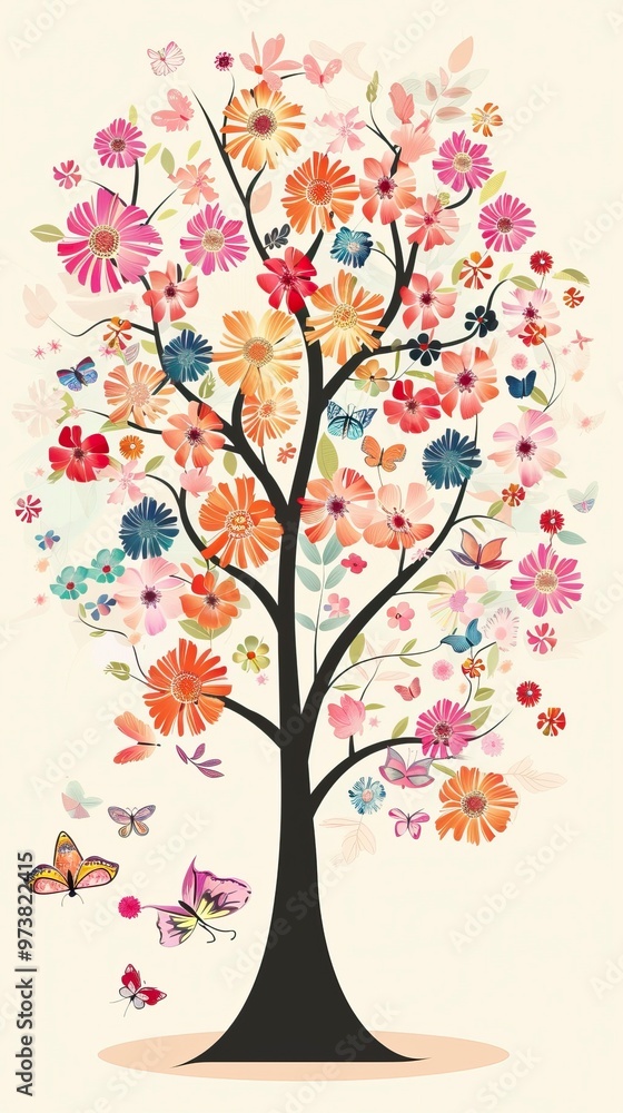 Fototapeta premium Floral tree beautiful with butterfly 