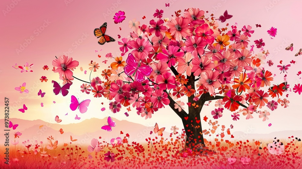 Fototapeta premium Floral tree beautiful with butterfly