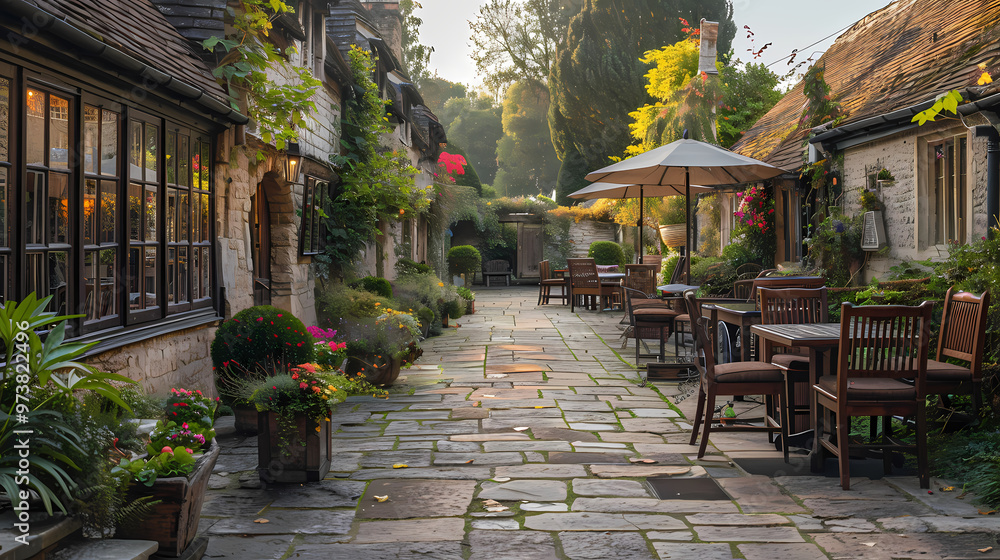Hard landscaping, new luxury stone patio and garden of an English home Hard landscaping, new luxury stone patio and garden of an English home