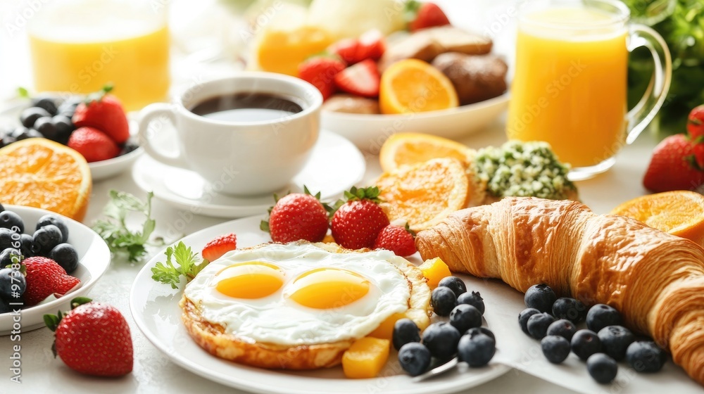 Delicious Breakfast with Eggs, Croissant, Berries, and Orange Slices Delicious Breakfast with Eggs, Croissant, Berries, and Orange Slices