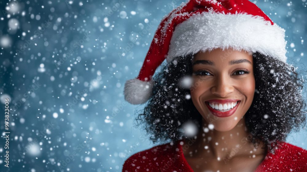 A joyful African American woman wearing festive Santa hat smiles brightly against snowy blue background, capturing spirit of holiday season A joyful African American woman wearing festive Santa hat smiles brightly against snowy blue background, capturing spirit of holiday season