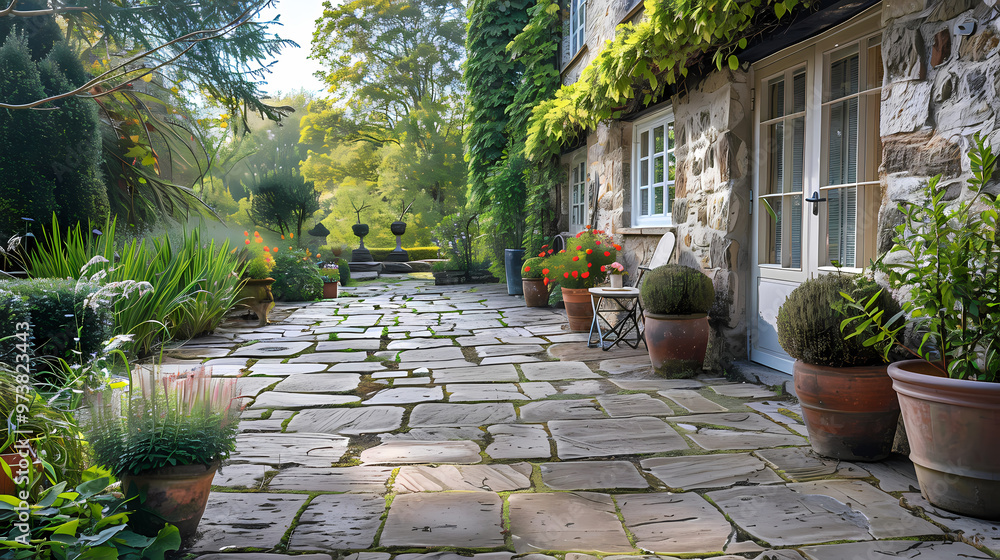 Obraz premium Hard landscaping, new luxury stone patio and garden of an English home