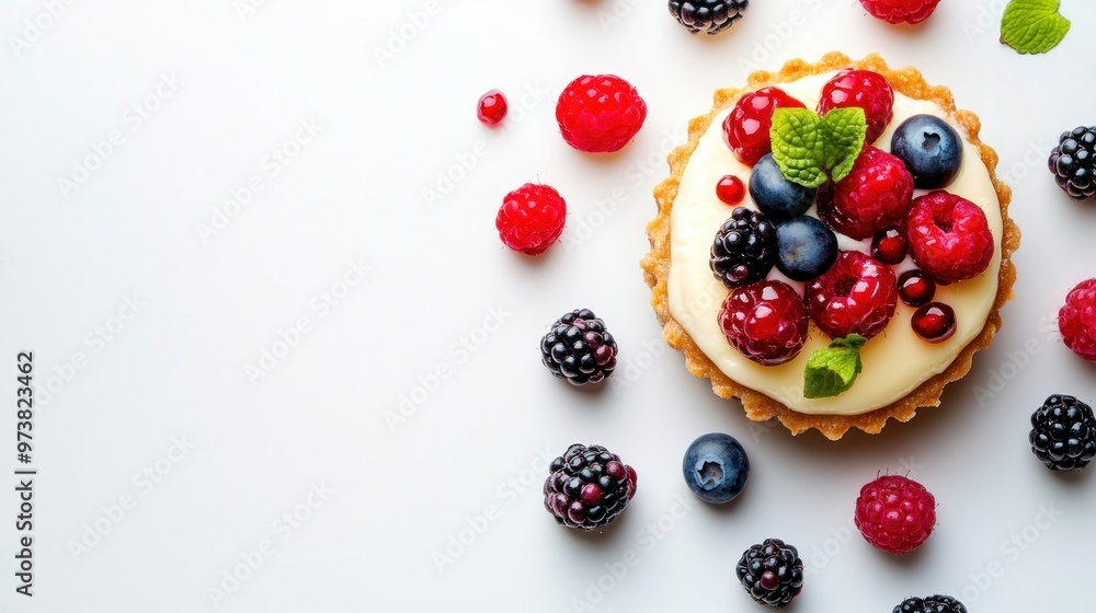 A single, delicious berry tart with fresh raspberries, blackberries, blueberries, and mint on a white background with copy space. A single, delicious berry tart with fresh raspberries, blackberries, blueberries, and mint on a white background with copy space.
