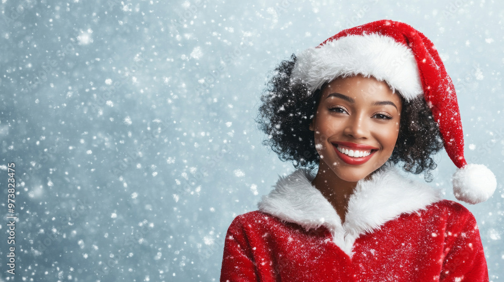 A joyful woman in festive red outfit and Santa hat smiles brightly against snowy backdrop, embodying spirit of holiday season A joyful woman in festive red outfit and Santa hat smiles brightly against snowy backdrop, embodying spirit of holiday season