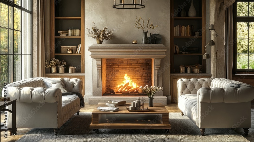 Two sofas near fireplace French country, provence interior design of modern living room, home Two sofas near fireplace French country, provence interior design of modern living room, home