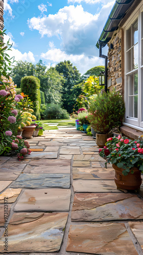 Hard landscaping, new luxury stone patio and garden of an English home