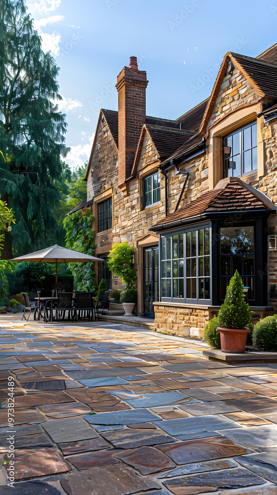 Fototapeta premium Hard landscaping, new luxury stone patio and garden of an English home