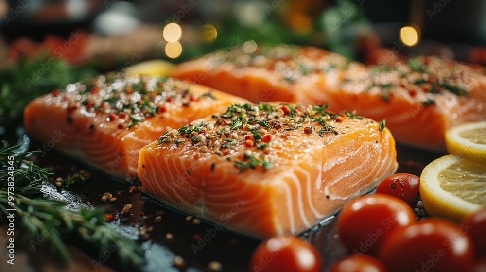 Seafood buffet spread with various dishes including salmon sushi. Seafood buffet spread with various dishes including salmon sushi.