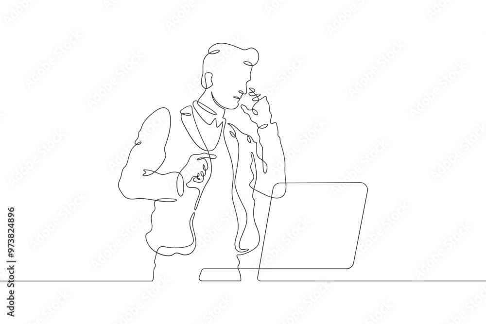 Continuous one line drawing businessman talking on the phone. Man working with laptop. Working on computer. Negotiations. One continuous line isolated minimal illustration. Continuous one line drawing businessman talking on the phone. Man working with laptop. Working on computer. Negotiations. One continuous line isolated minimal illustration.