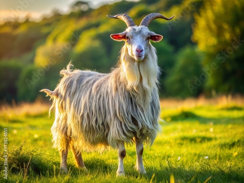 A majestic La Mancha goat stands proudly in a lush green meadow, its distinctive earless head and shaggy photo