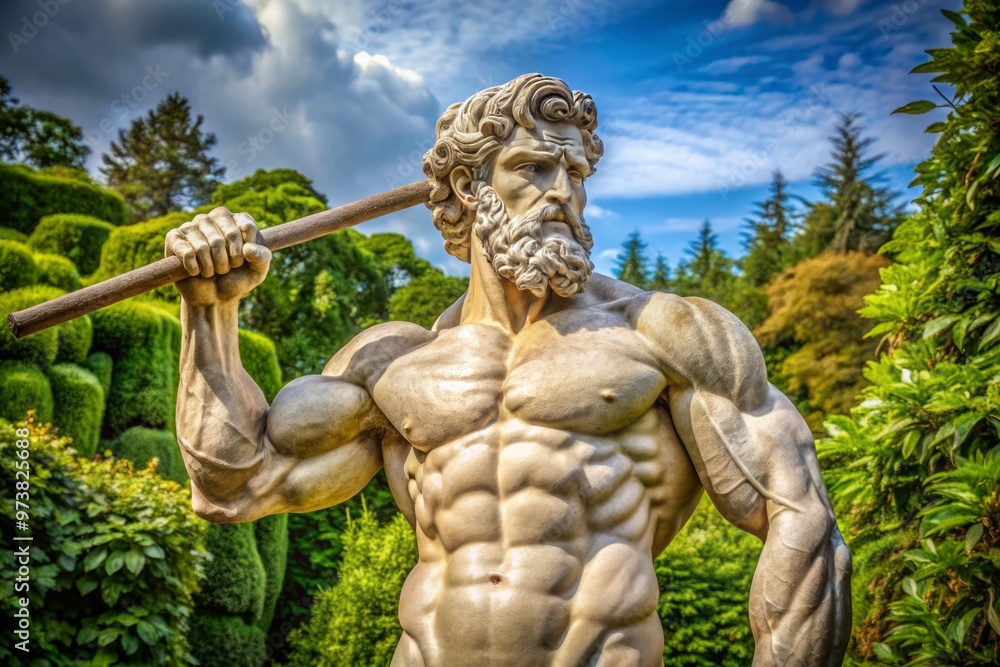 A majestic marble statue of a mythical strongman stands proudly, muscles flexed, club in hand, amidst lush greenery, A majestic marble statue of a mythical strongman stands proudly, muscles flexed, club in hand, amidst lush greenery,