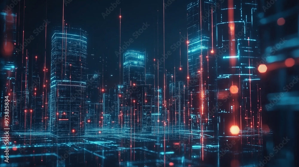 Fototapeta premium Network connection line light smart building city modern future technology