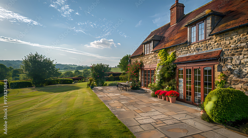 Obraz premium Hard landscaping, new luxury stone patio and garden of an English home