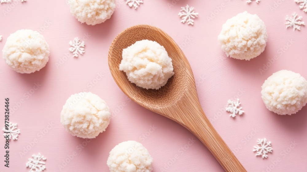 A wooden spoon with a white ball of coconut flakes on a pink background surrounded by other coconut flakes and white snowflakes. A wooden spoon with a white ball of coconut flakes on a pink background surrounded by other coconut flakes and white snowflakes.