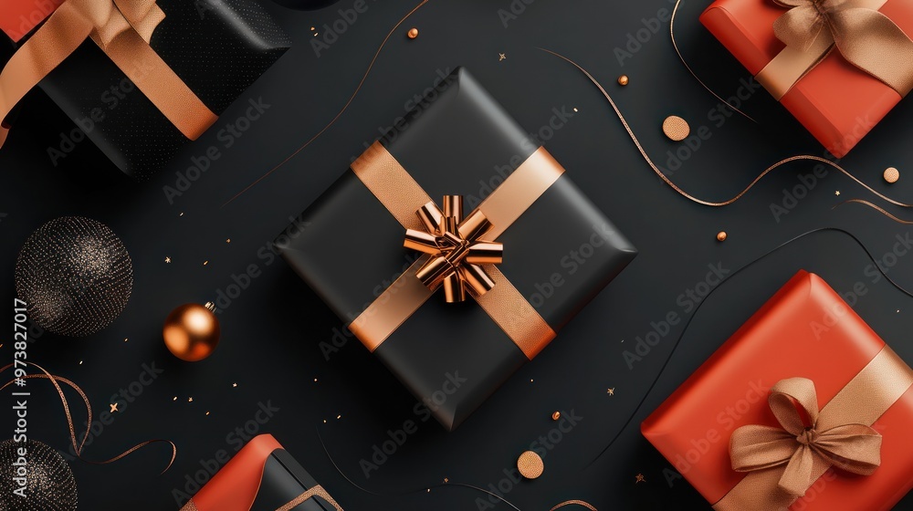 Obraz premium Black Friday and Copper Gift Boxes with Ribbons on Black Friday Background