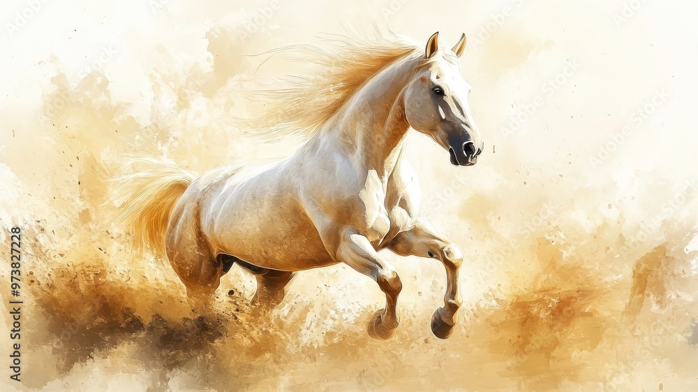 Fototapeta premium Horse illustrated in watercolor style, featuring soft, fluid strokes and gentle hues that emphasize its graceful movement.
