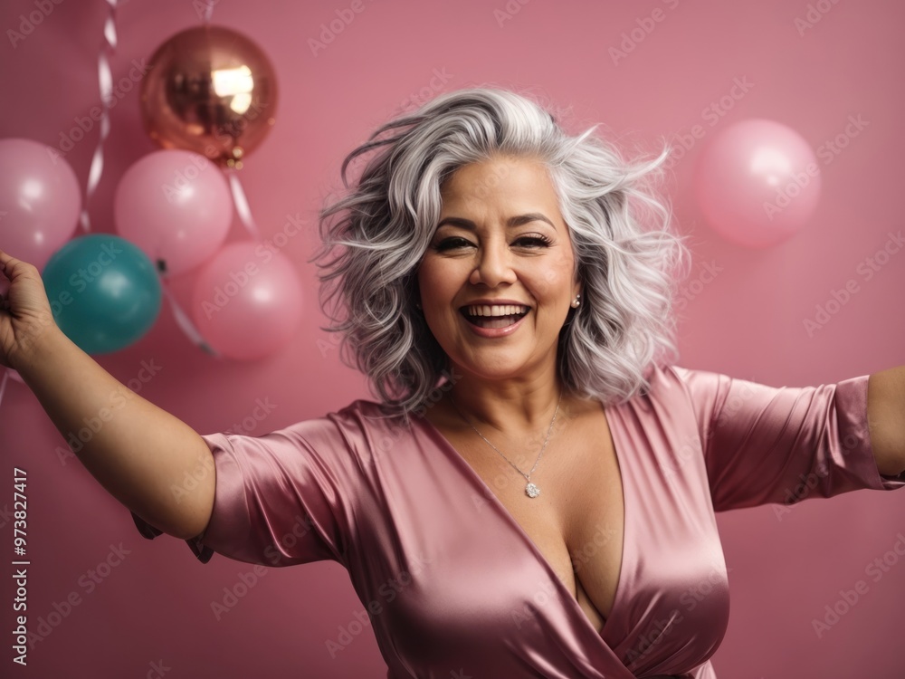 happy senior women in pink dress celebrating on pink background happy senior women in pink dress celebrating on pink background