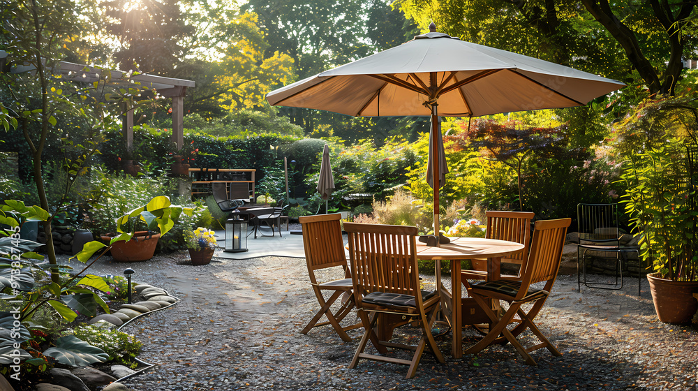 London garden in summer with patio, wooden garden furniture and a parasol or sun umbrella London garden in summer with patio, wooden garden furniture and a parasol or sun umbrella