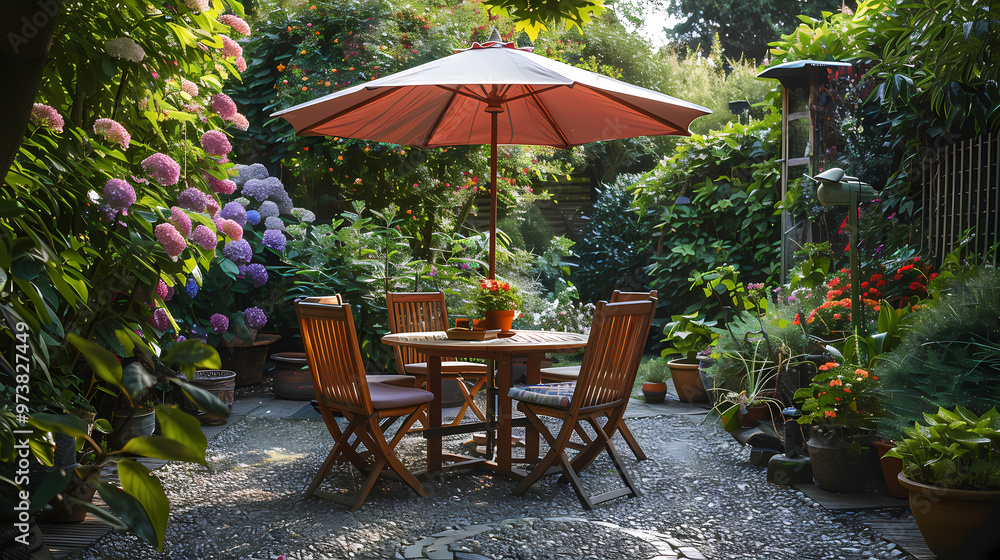 London garden in summer with patio, wooden garden furniture and a parasol or sun umbrella London garden in summer with patio, wooden garden furniture and a parasol or sun umbrella