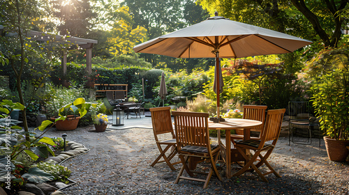 London garden in summer with patio, wooden garden furniture and a parasol or sun umbrella