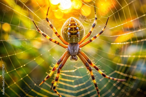 A majestic orb weaver neoscona crucifera spider sits at the center of its intricate, radial web, its vibrant photo