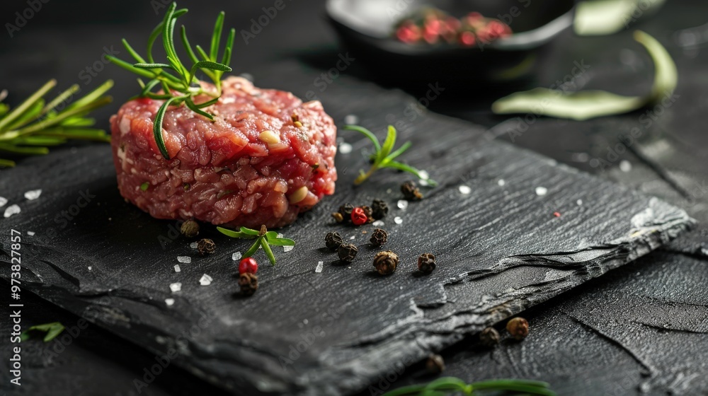 Rustic Minced Meat with Fresh Herbs on Slate Stone Board Rustic Minced Meat with Fresh Herbs on Slate Stone Board