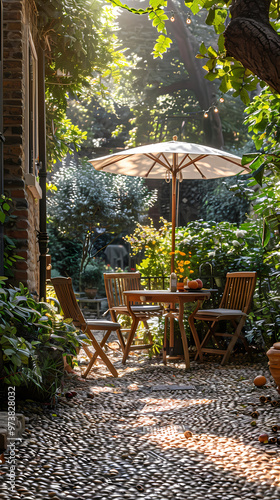 London garden in summer with patio, wooden garden furniture and a parasol or sun umbrella