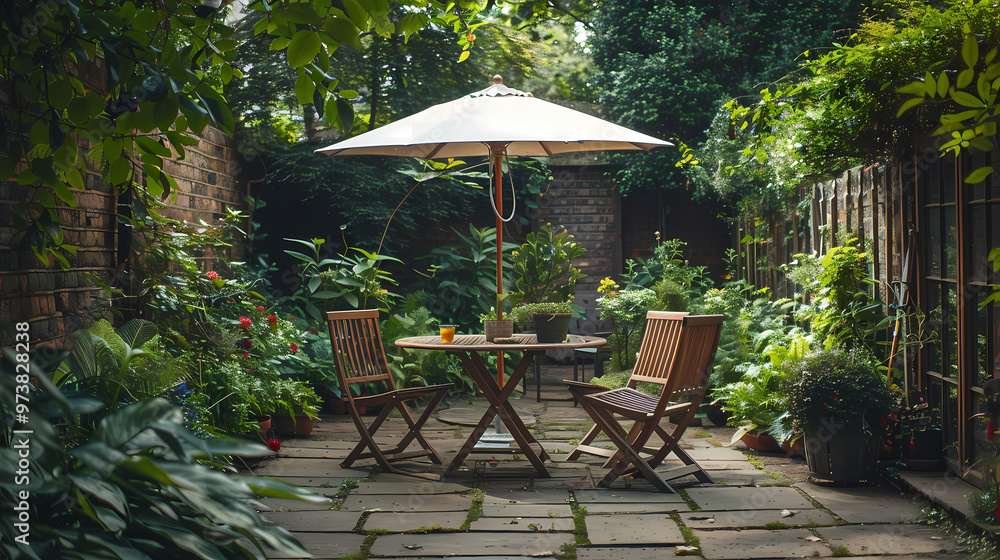 London garden in summer with patio, wooden garden furniture and a parasol or sun umbrella London garden in summer with patio, wooden garden furniture and a parasol or sun umbrella