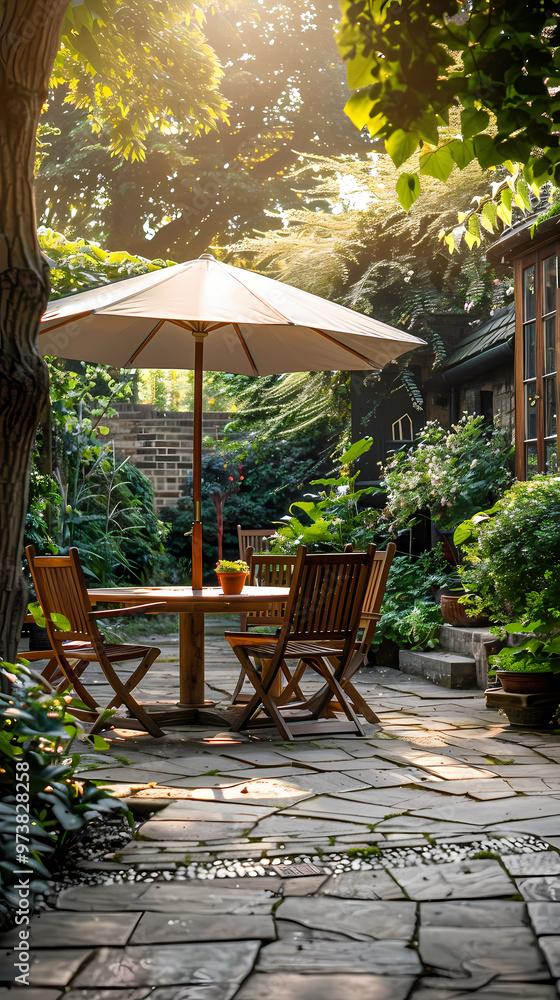 London garden in summer with patio, wooden garden furniture and a parasol or sun umbrella London garden in summer with patio, wooden garden furniture and a parasol or sun umbrella