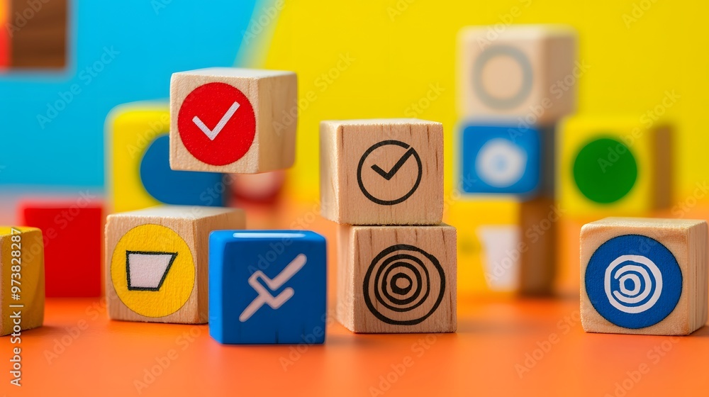 Wooden Blocks with Symbols and Colors Arranged on Orange Surface Wooden Blocks with Symbols and Colors Arranged on Orange Surface