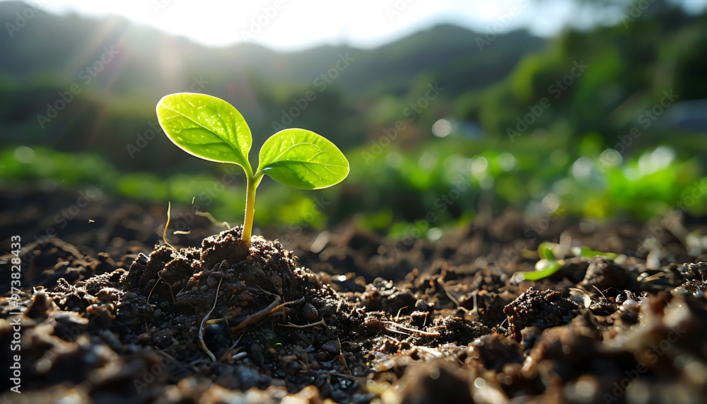 Emerging Life, witness the first sprout of a germinating plant bathed in the warm glow of sunrise, symbolizing new beginnings Emerging Life, witness the first sprout of a germinating plant bathed in the warm glow of sunrise, symbolizing new beginnings