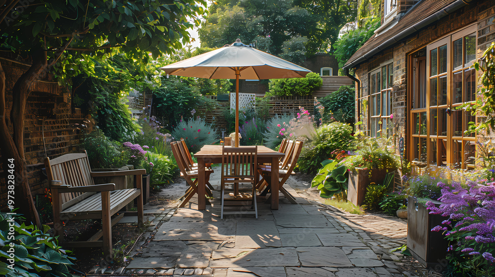 Obraz premium London garden in summer with patio, wooden garden furniture and a parasol or sun umbrella