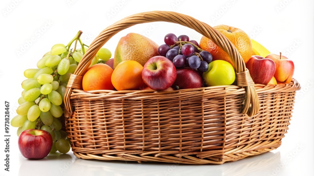 A wicker basket sits alone on a pristine white background, its natural weave and worn edges telling a A wicker basket sits alone on a pristine white background, its natural weave and worn edges telling a