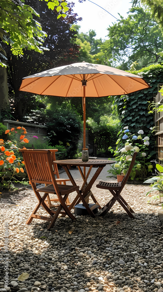 London garden in summer with patio, wooden garden furniture and a parasol or sun umbrella London garden in summer with patio, wooden garden furniture and a parasol or sun umbrella