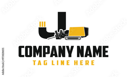 Letter J Machine Fiber Optic underground horizontal drilling laying machine logo design excavator heavy equipment . logo desain .
