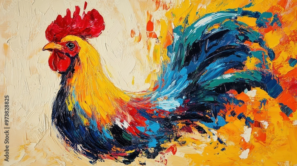 Fototapeta premium Chicken rendered in Abstract Expressionism style, with dynamic brushstrokes and vivid colors conveying its lively and distinct personality.