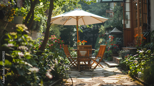 London garden in summer with patio, wooden garden furniture and a parasol or sun umbrella