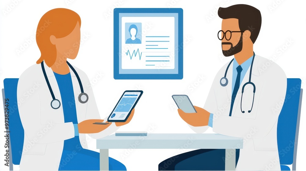 Fototapeta premium Doctor Nurse Meeting Discussing Patient Chart on Tablet