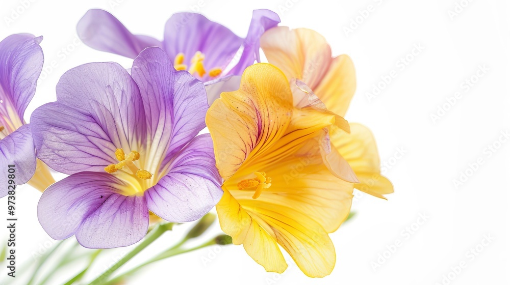 yellow and violet fresia on white yellow and violet fresia on white