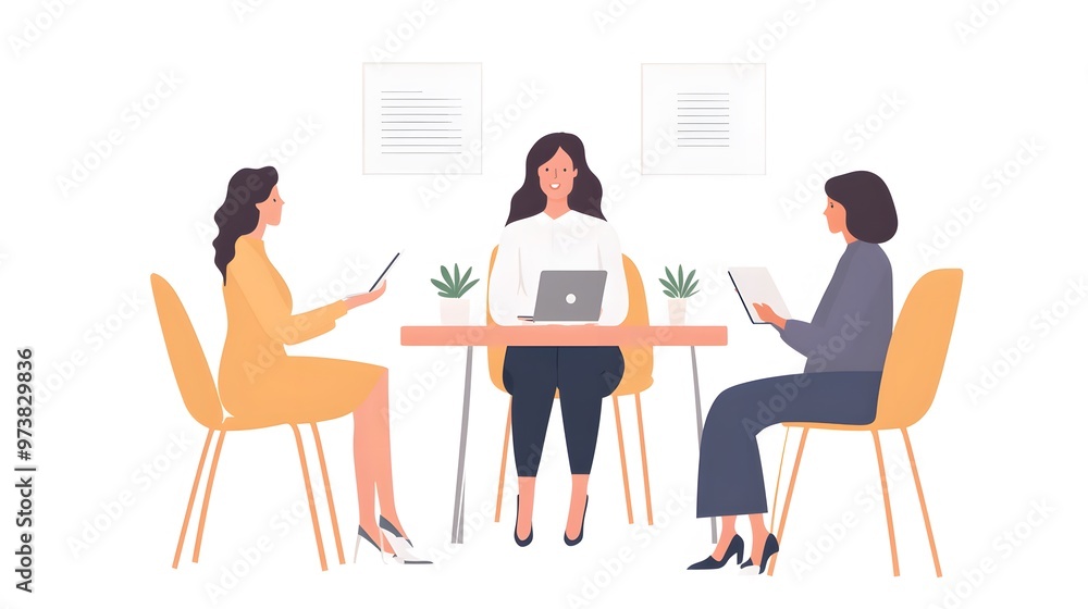 Three Women Sitting at a Table Discussing Work Three Women Sitting at a Table Discussing Work