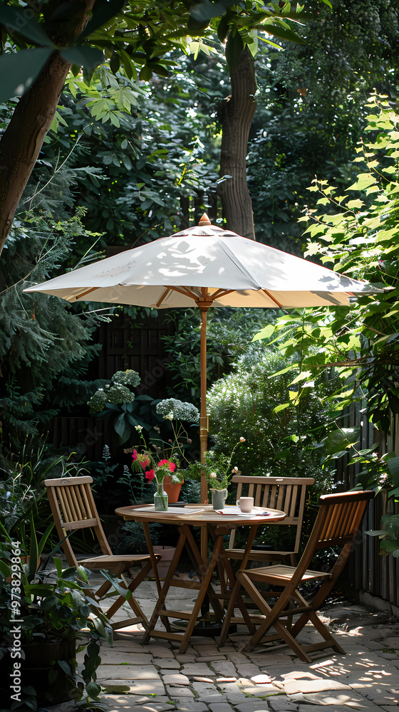London garden in summer with patio, wooden garden furniture and a parasol or sun umbrella London garden in summer with patio, wooden garden furniture and a parasol or sun umbrella