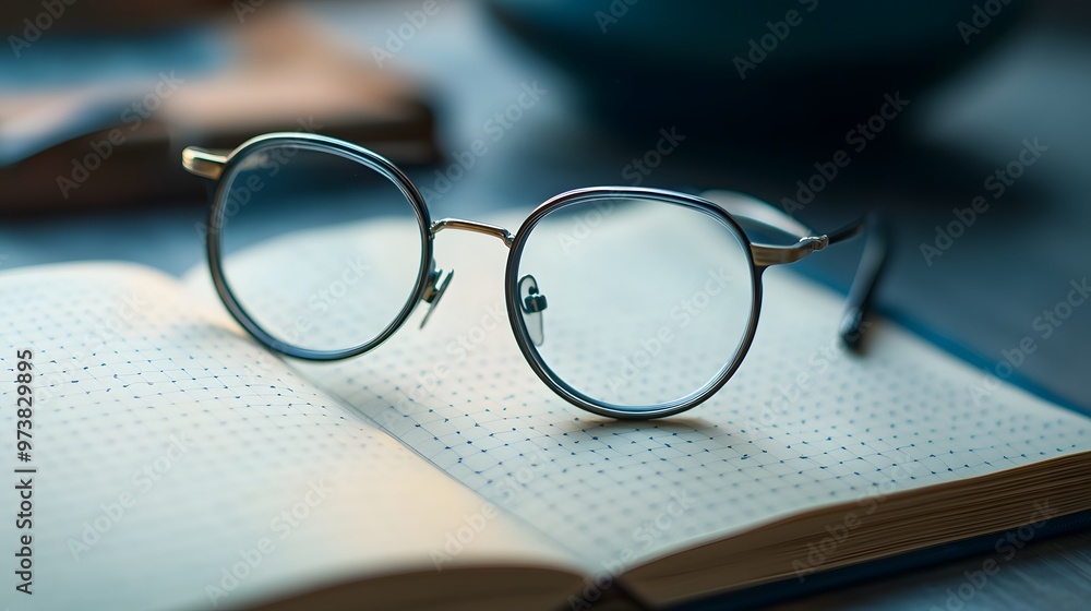 Round Eyeglasses Resting on an Open Notebook Round Eyeglasses Resting on an Open Notebook